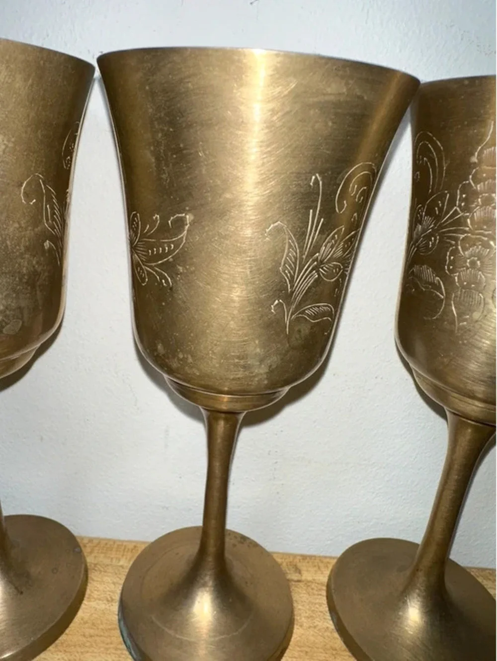 Vintage Etched Brass Wine Goblets/Chalices Set of 4
